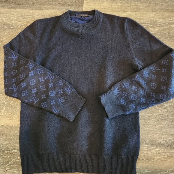 Louis Vuitton Men's Sweater Navy Monogram Crew Neck Cashmere Pullover L